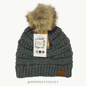 NWT C.C Women's Solid Chunky Knit Beanie With Fur Pom Pom, Dark Melange Grey